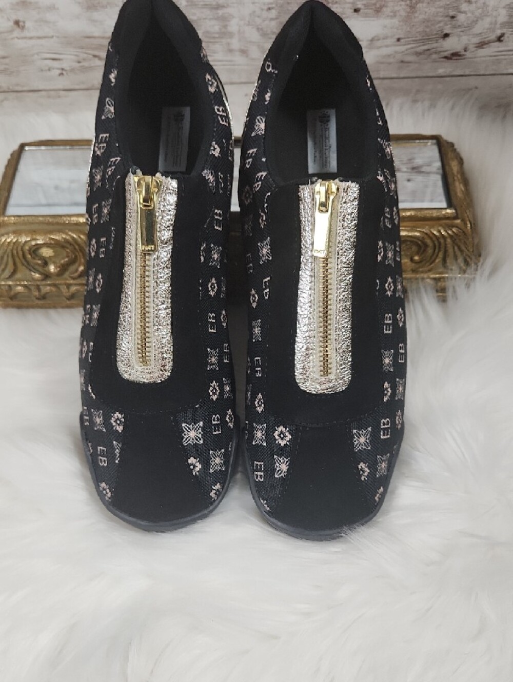 Women's Black & Gold Slip-On Sneakers with Top Zip - Picture 4 of 6